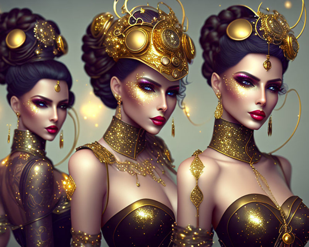 Illustrated women with golden headpieces and body art in elegant poses