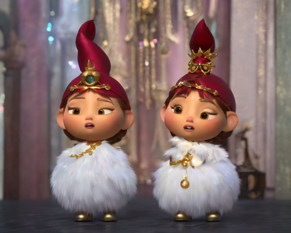 Two Festive Elf Characters in White and Gold Costumes with Red Hats
