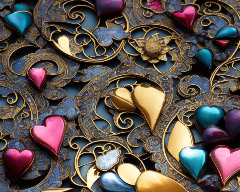 Ornate Metalwork Design with Golden and Heart-shaped Elements