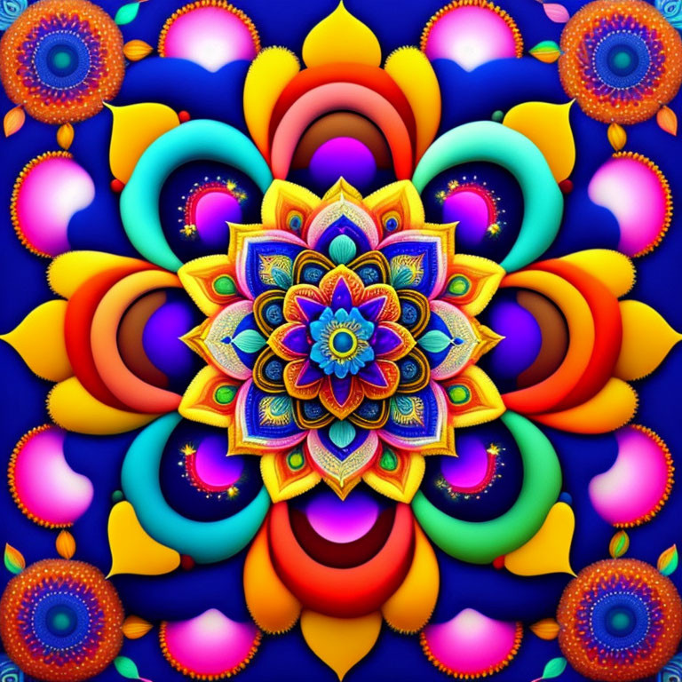 Colorful Symmetrical Digital Mandala on Blue Background