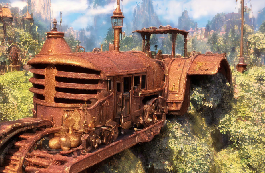 Rusted steam train in ivy-covered forest with ancient ruins