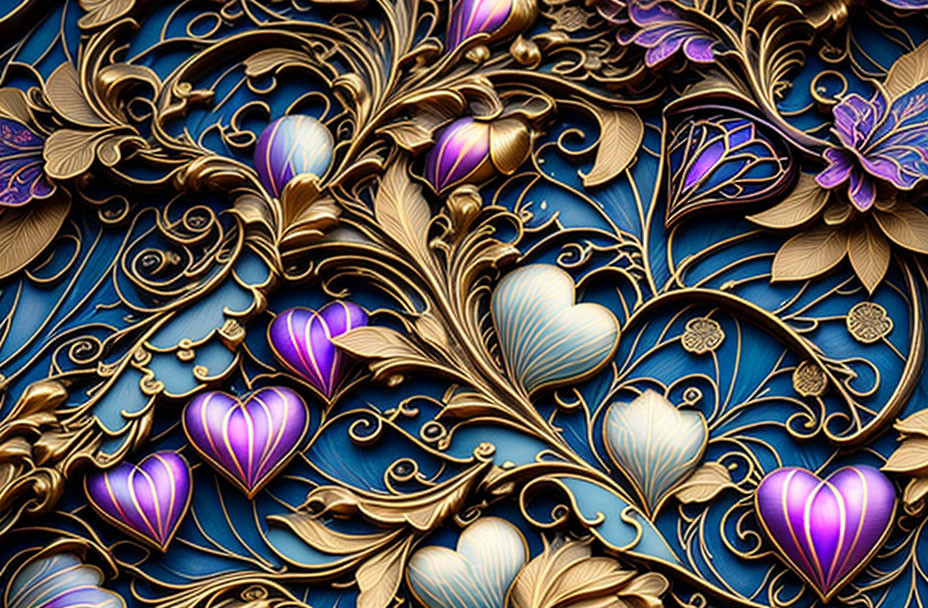 Golden Floral Heart Patterns on Deep Blue Textured Background
