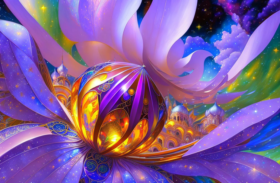 Vivid digital artwork of luminous fantastical flower in cosmic setting