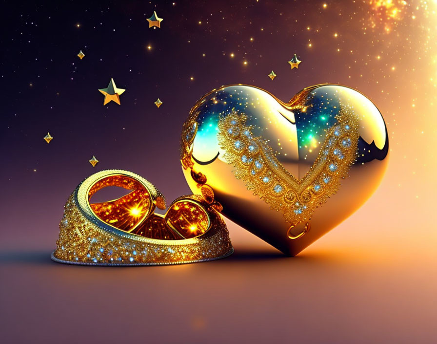 Golden Heart and Tiara with Ornate Patterns on Starry Background