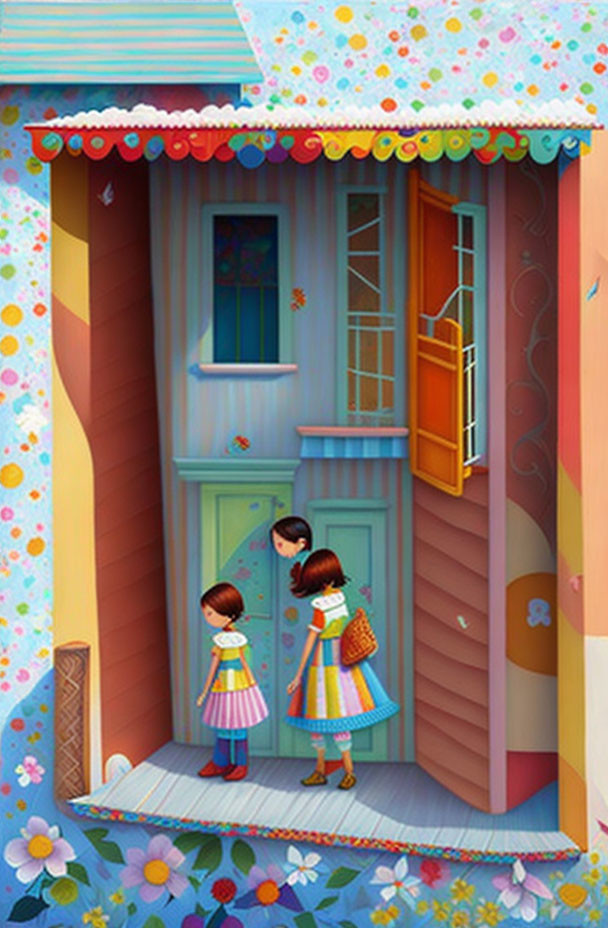 Vibrant animated children by colorful whimsical house