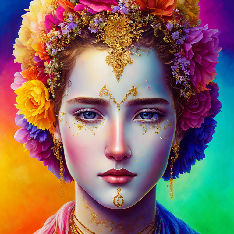 Colorful portrait with golden facial decorations and floral crown