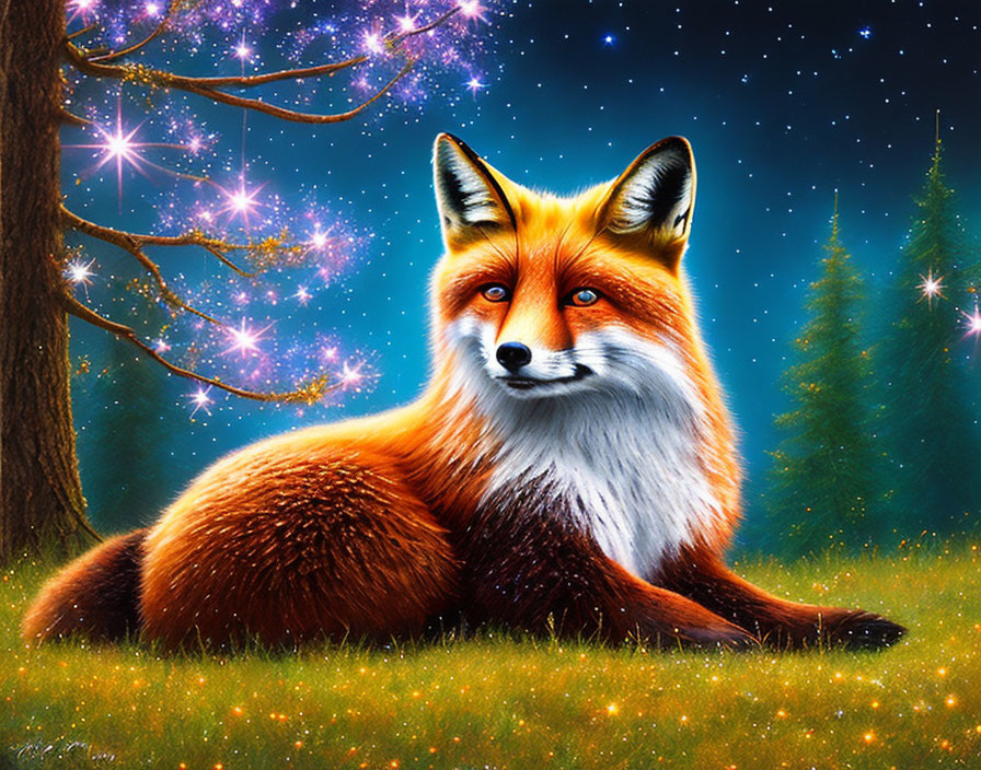 Red fox in grassy clearing under starry night sky with glowing trees