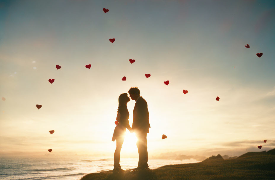 Romantic sunset kiss with heart-shaped balloons in the sky