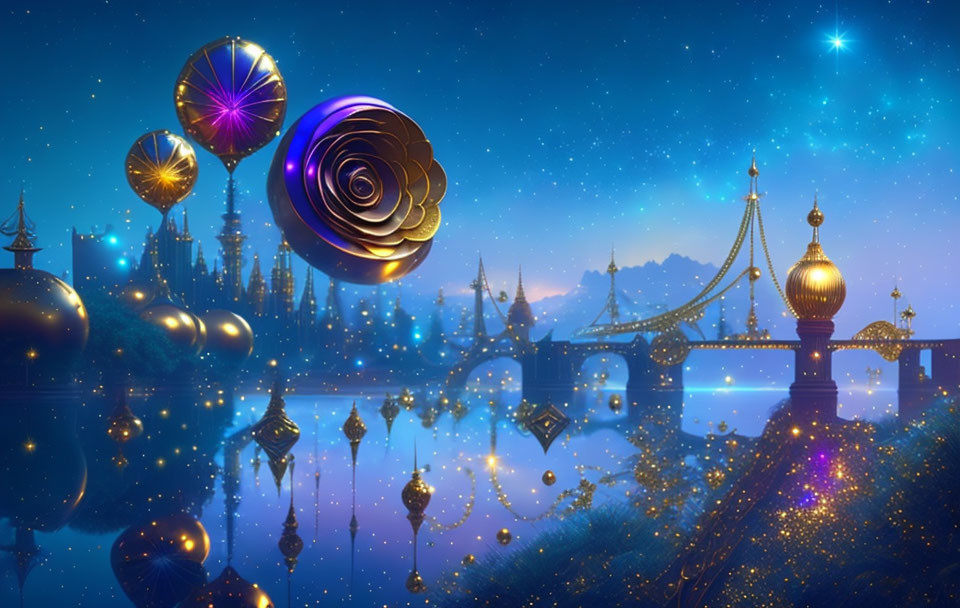 Fantasy night cityscape with floating lanterns, balloons, starry sky, ornate buildings,