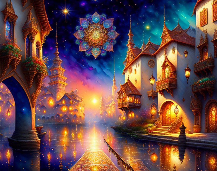 Twilight scene with luminescent buildings and glowing mandala in tranquil waterway