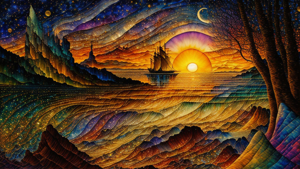 Colorful Painting of Surreal Sunset with Ship at Sea