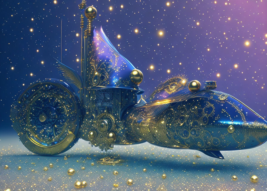 Steampunk-inspired fish-shaped vehicle with golden accents in cosmic setting