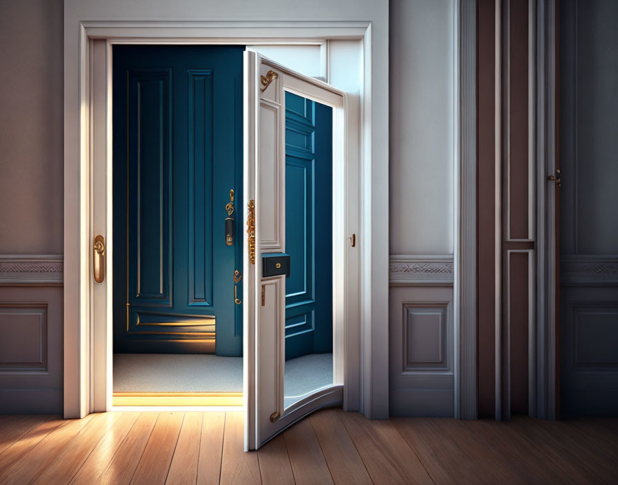 White Door Opens to Dark Room with Blue Door in Elegant Interior