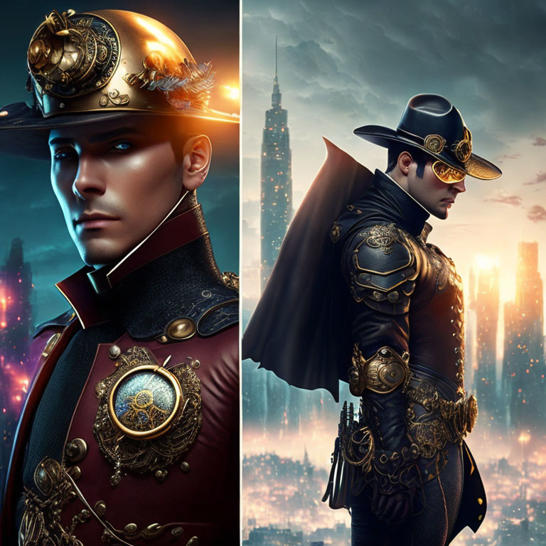 Split image of character in ornate steampunk attire with detailed uniform and hat with goggles against city