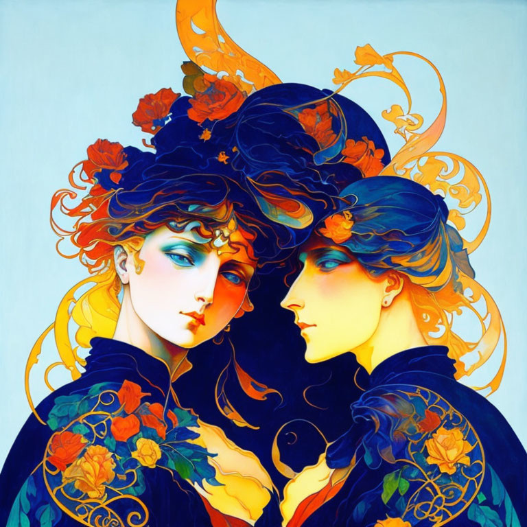 Colorful artwork of two female figures with intricate floral and golden hair on light blue backdrop