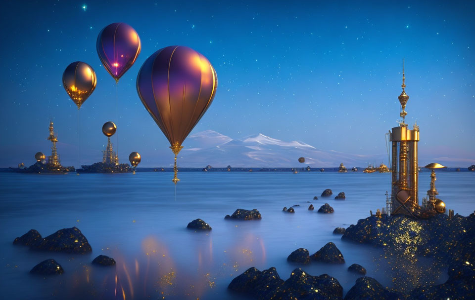 Tranquil Nightscape: Hot Air Balloons, Sea, Tower, Stars