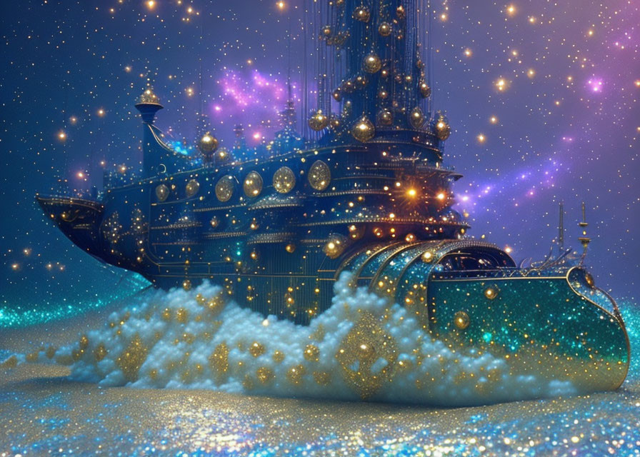 Glowing lights on fantastical ship above cloud-like surface