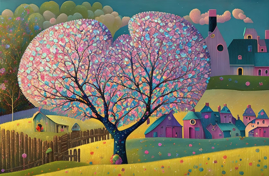 Vibrant landscape with cherry blossom heart trees, cottages, and meadows