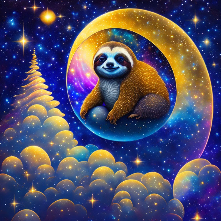 Illustration of a sloth on crescent moon with cosmic backdrop