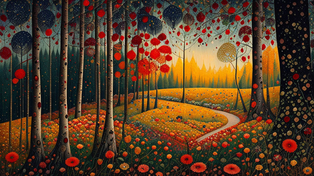 Vibrant forest painting with colorful trees and twilight sky