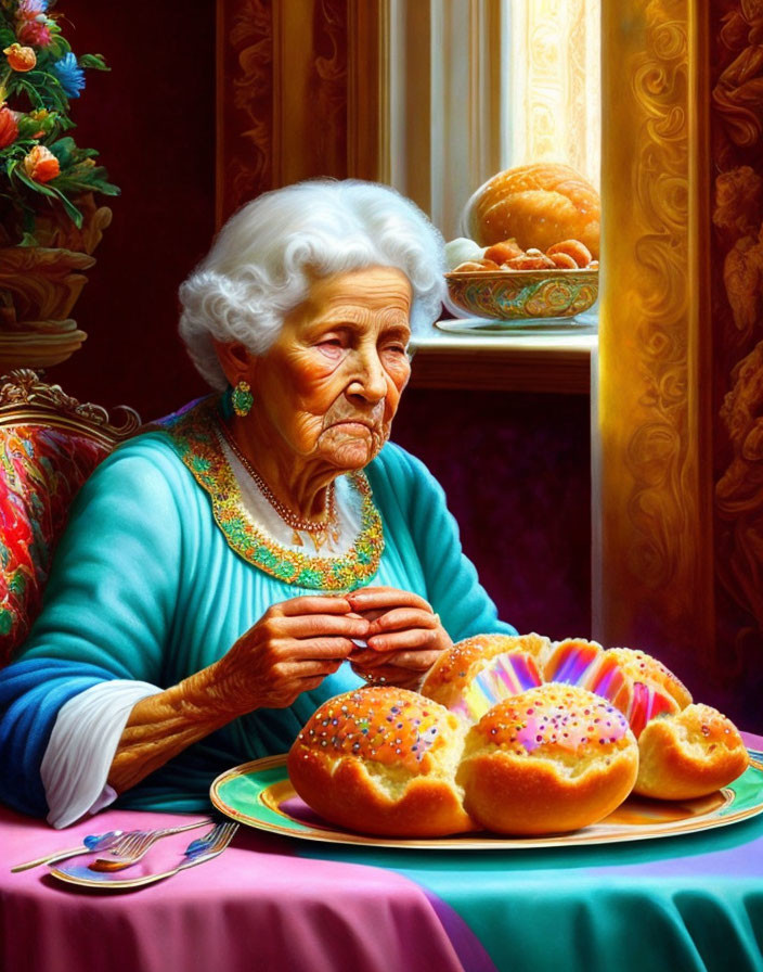 Elderly woman with white hair admiring colorful pastries in sunlight