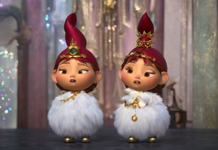 Two Festive Elf Characters in White and Gold Costumes with Red Hats
