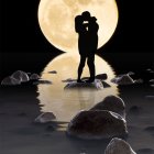 Silhouetted Couple Under Full Moon and Stars