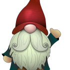 Illustration of whimsical gnome with red hat, white beard, rosy cheeks, and star decorations