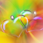 Colorful digital artwork: Rainbow heart cutout, rose spiral, floating hearts.
