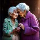Elderly couple in baroque attire tenderly holding hands