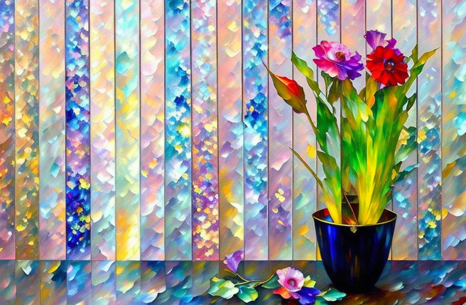 Vibrant abstract floral painting with rainbow stained glass background