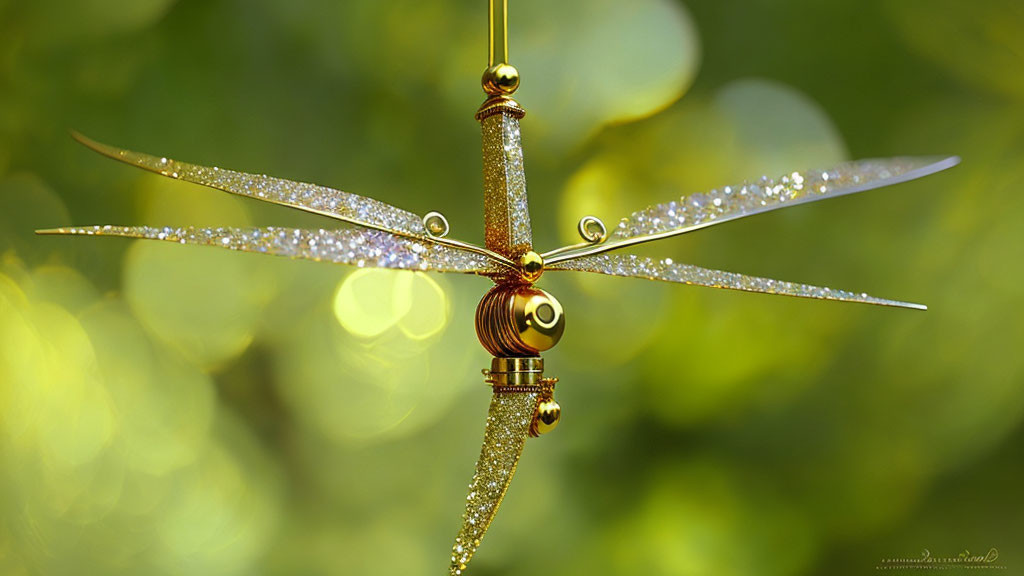 Translucent wings dragonfly ornament on green bokeh background