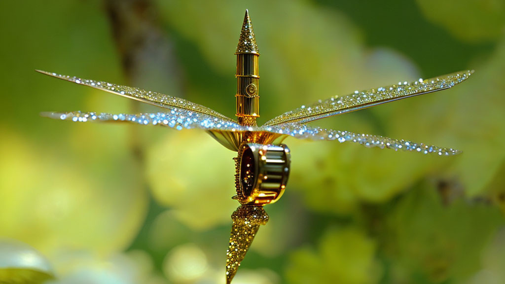 Golden Dragonfly-Inspired Pen with Water Droplets on Glass-like Surface