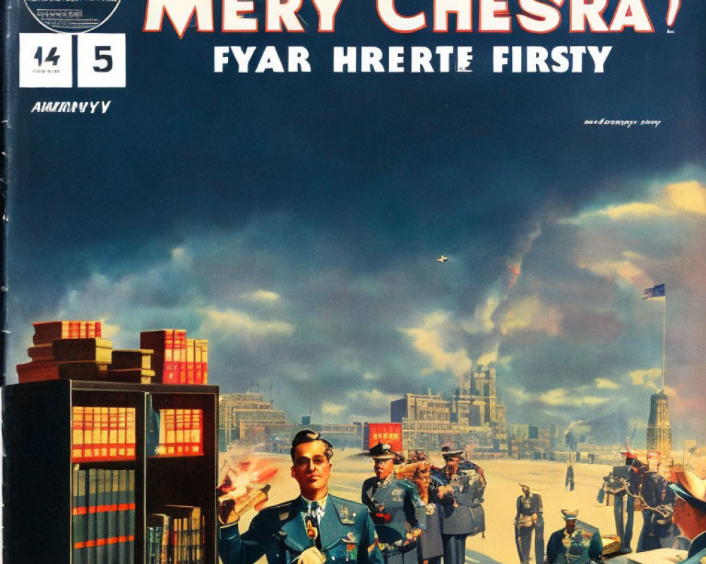 Vintage-style poster with man in blue uniform, futuristic cities, aircraft, and dramatic skies.