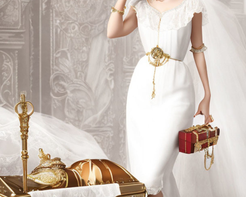 Elegant woman in white vintage dress with gold accessories by treasure chest