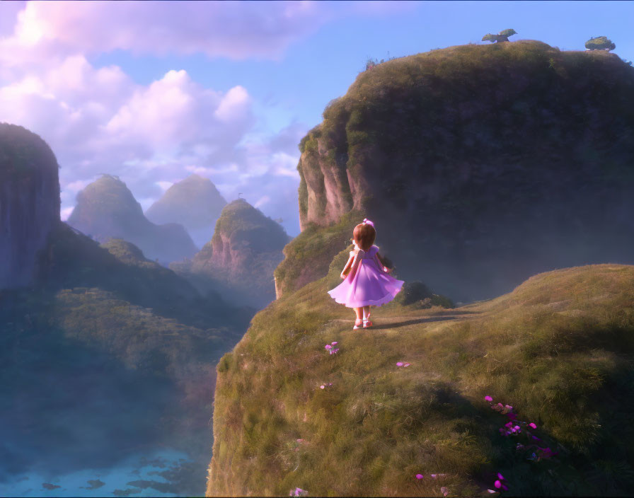 Young girl in pink dress on green hill looking at misty mountains under pink sky
