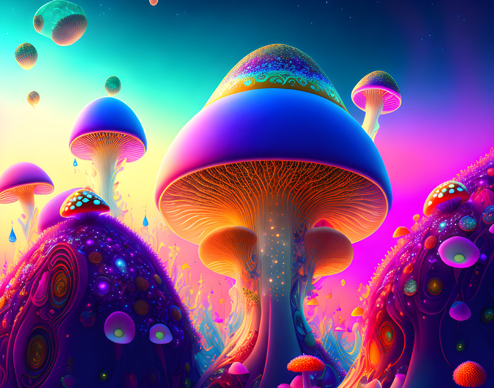 Colorful Psychedelic Mushroom Artwork with Gradient Sky and Orbs