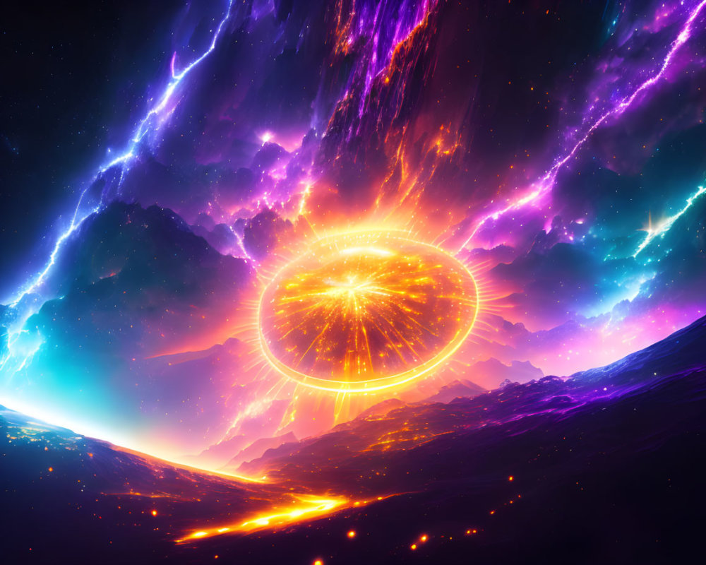 Colorful cosmic scene: exploding star, neon auroras, mountain landscape under starry sky