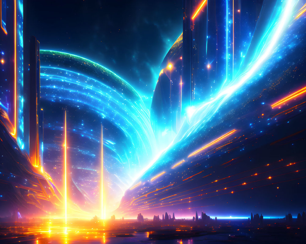Futuristic cityscape with neon blue and orange lights at night