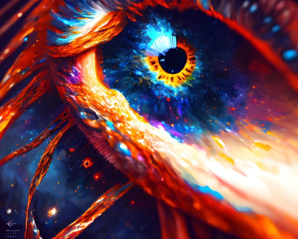 Detailed close-up illustration of a glowing nebula-like iris in an eye with fiery orange and red lashes