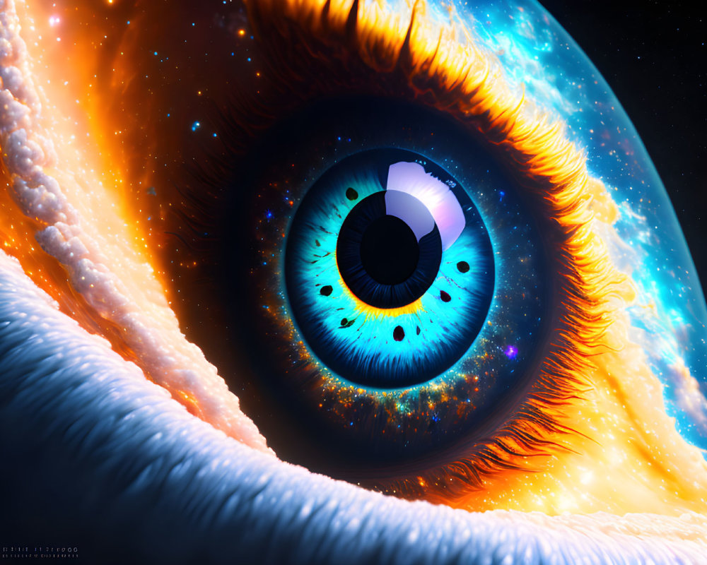 Surreal illustration of human eye merging with cosmic nebula
