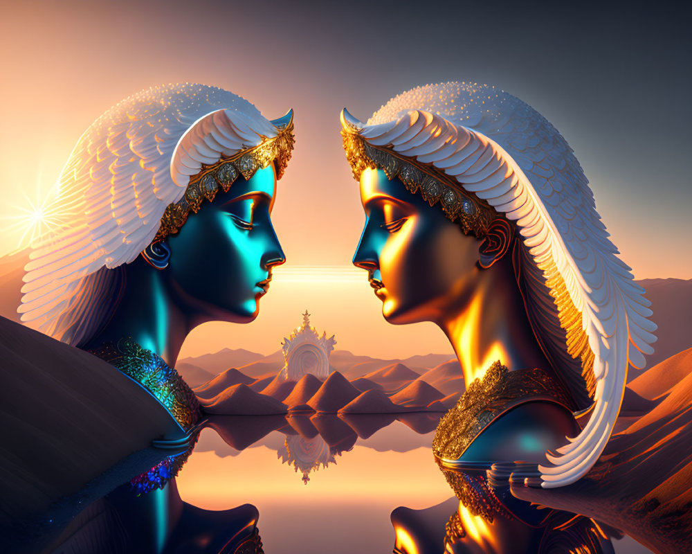 Symmetrical angelic figures with glowing halos in desert sunset scene