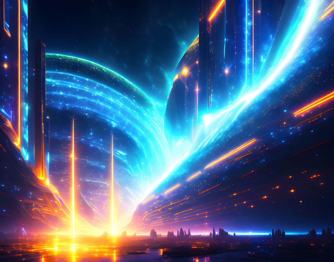 Futuristic cityscape with neon blue and orange lights at night