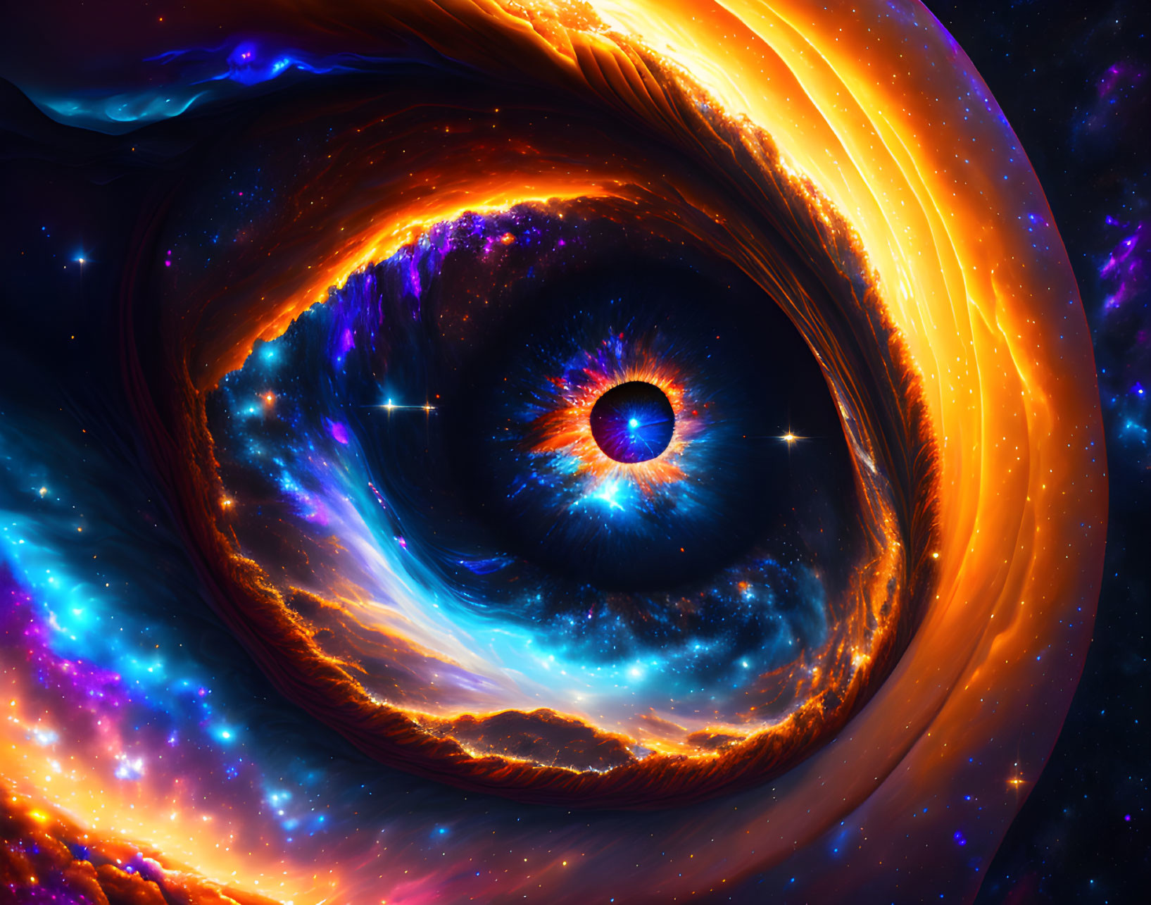 Colorful digital artwork: cosmic scene with swirling orange, blue, and purple hues around a celestial eye