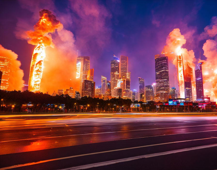 Urban skyline illuminated by coordinated firework-like display at twilight