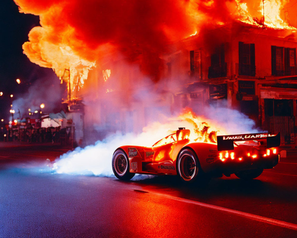 Race car engulfed in flames on street with spectators at night