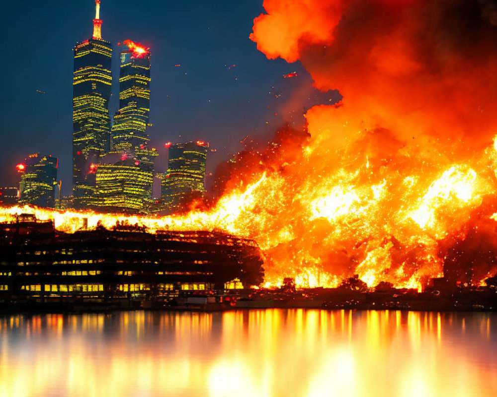 Nighttime cityscape with blazing inferno reflected in water