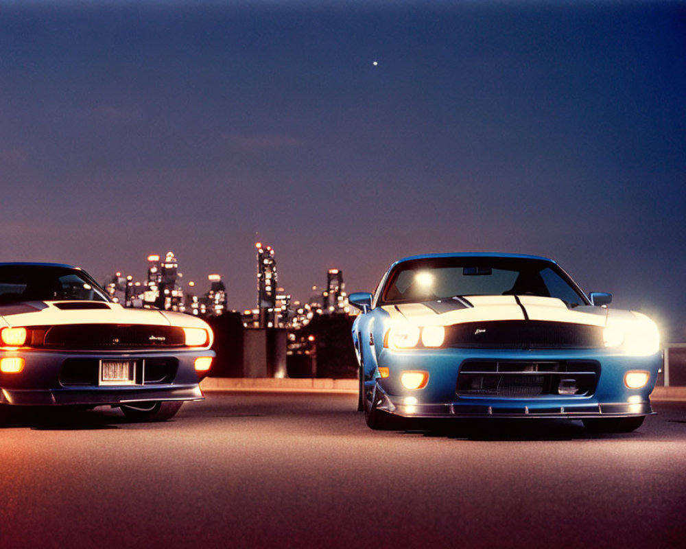Muscle cars parked at dusk with city skyline and starry sky
