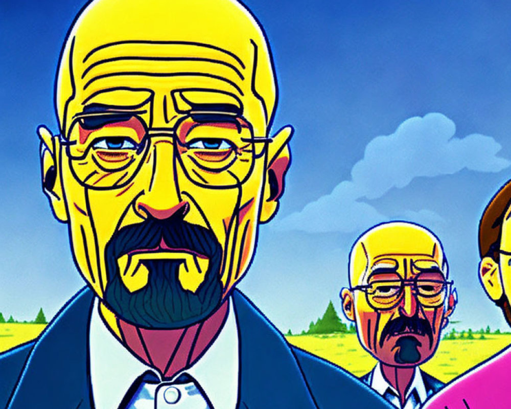 Stylized cartoon of two men with exaggerated features and one wearing glasses.