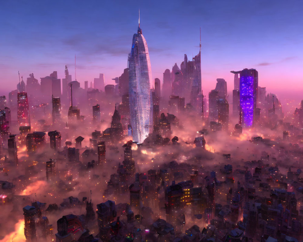 Futuristic cityscape with towering skyscrapers in glowing fog